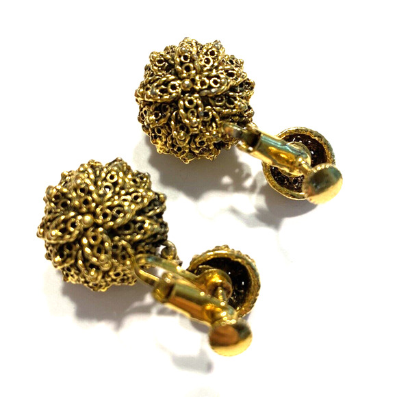 Vintage Mid Century Clip On Earrings Gold Textured Ball Drop & Dangle Hollywood - Picture 4 of 7